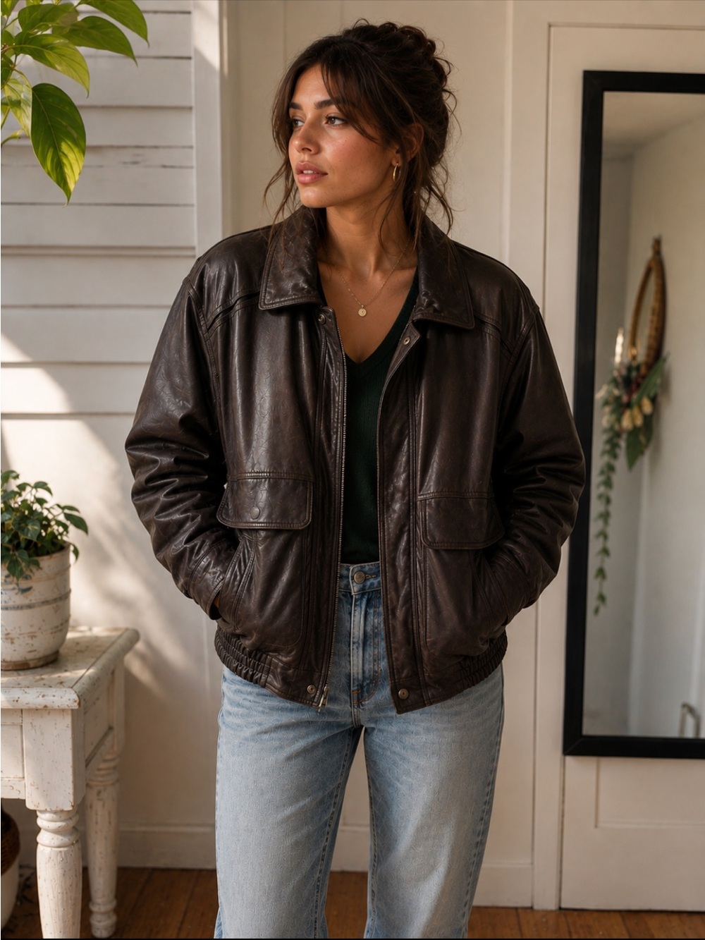 Vintage Dark Brown Leather Bomber Jacket